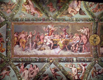 Il banchetto degli dei, dipinto sul soffitto della corte e matrimonio di Cupido e Psiche da Raffaello Sanzio Raphael